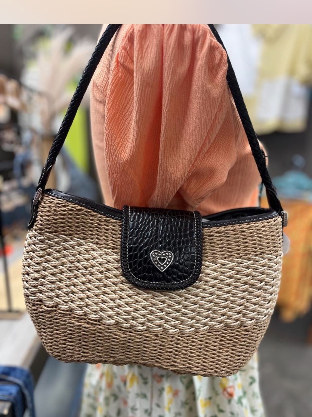 Brighton Woven Straw Shoulder Bag with Black Trim and Heart Accent